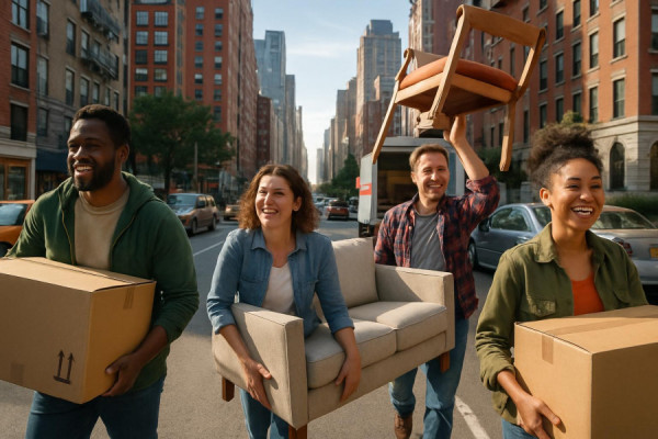busy moving day, cheerful, people carrying furniture, photorealistic, bustling urban street with high-rise buildings, highly detailed, passing traffic, sharp focus, diverse colors, early morning sunlight, shot with a wide-angle lens.