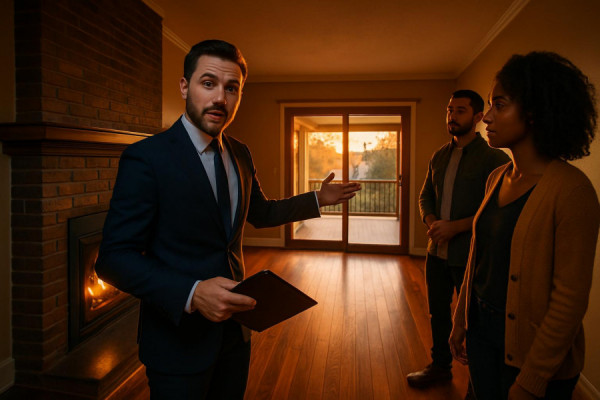 essential home buying techniques, confident, presenting options, photorealistic, open house scenario with walkthrough, highly detailed, features like a fireplace and hardwood floor, cinematic drama, rich colors, golden hour lighting, shot with a 16-35mm lens.