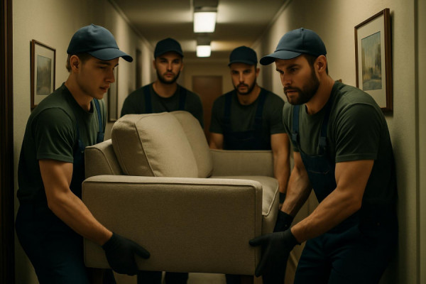 coordinated moving team, focused, lifting a heavy couch, photorealistic, narrow apartment hallway with artwork on the walls, highly detailed, shadow play, muted tones, fluorescent lighting, shot with an 85mm portrait lens.
