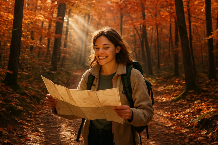 delightful upstate move, adventurous, exploring hidden trails with a map, photorealistic, dense forest with a canopy of vibrant autumn leaves, highly detailed, sunbeams piercing through the trees, rich reds and golds, dappled light, shot with a 50mm lens.