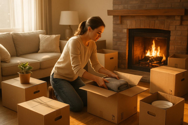 streamlined moving process, efficient, packing items into boxes, photorealistic, cozy living room with a fireplace, highly detailed, dust particles in the air, warm color palette, soft ambient lighting, shot with a 24-70mm lens.