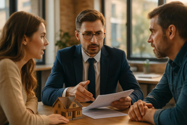 responsive property assistance, focused expression, interacting with clients, photorealistic, office space filled with natural light, highly detailed, dynamic conversations, deep depth of field, warm hues, ambient lighting, shot with a prime lens.