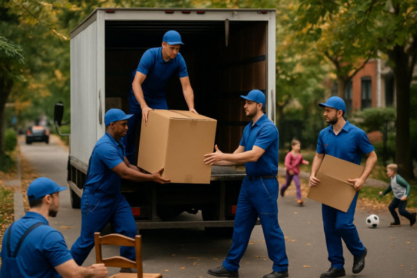 busy moving team, collaborative, unloading a truck, photorealistic, bustling neighborhood with kids playing, highly detailed, wind rustling leaves, broad color spectrum, overcast lighting, shot with a 200mm telephoto lens.