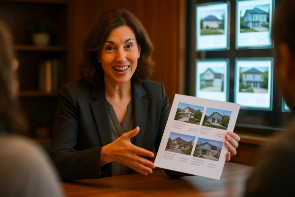 experienced buying assistance, confident expression, showing property listings, photorealistic, cozy real estate office, highly detailed, energetic gestures, high resolution, rich earthy tones, cool flourescent lighting, shot with a zoom lens.