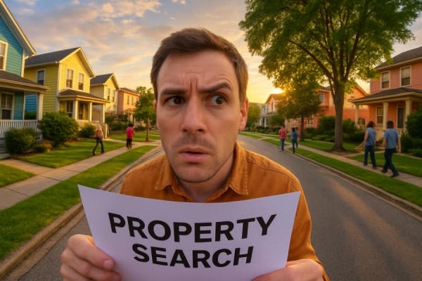 active property search, curious expression, exploring neighborhoods, photorealistic, vibrant suburbs with greenery, highly detailed, people moving and walking, HDR quality, pastel colors, golden hour lighting, shot with a fisheye lens.