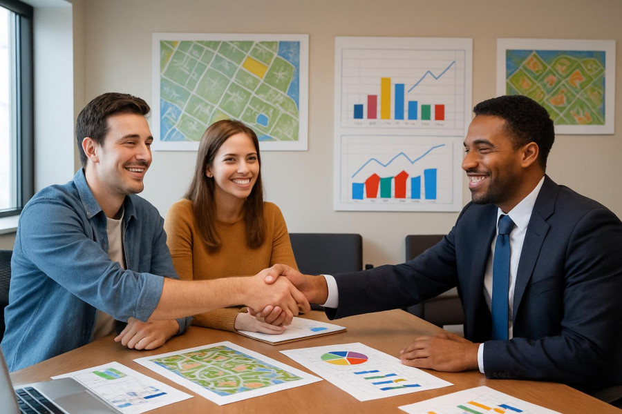 comprehensive property buying, optimistic expression, collaborating with realtors, photorealistic, spacious conference room, highly detailed, various property maps and charts, crisp quality, bright primary colors, diffused lighting, shot with a standard lens.