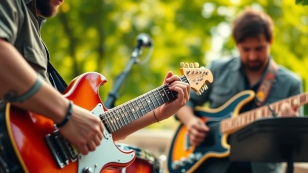 Musicians playing at Sundays at Sundown Music Series outdoors.