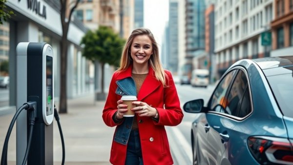 Young individuals enjoying by electric car highlight electric vehicles benefits in hospitality.
