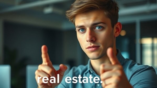 Young man giving real estate market insights in office setting.