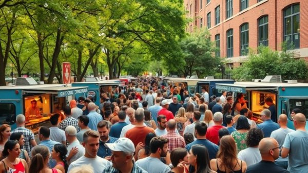 Lively Pay-What-You-Can Food Truck Rodeo with crowd and trucks.