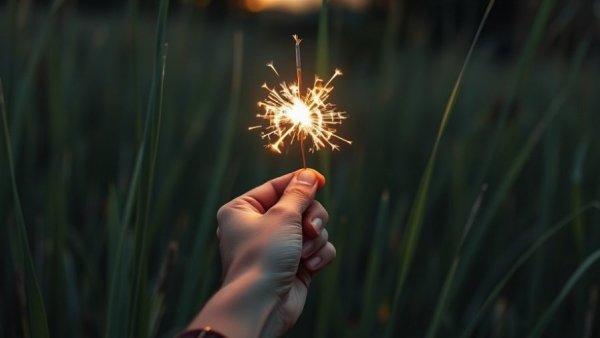 Hand holding a glowing sparkler among grasses at dusk.