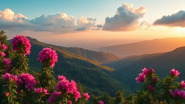 Scenic destination in Jackson County with flowers and mountain view at sunset.