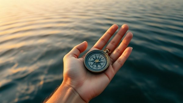 Antique compass in hand during a serene sunset over water, symbolizing purpose in hospitality.