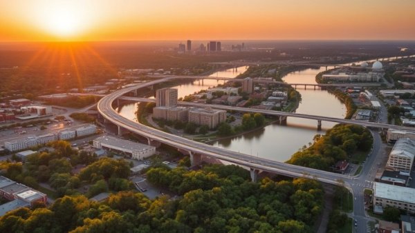 Explore Greenville aerial view with river and cityscape at sunset.