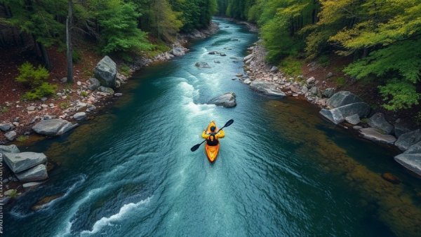 Kayaker journeying through rapids in Gaston County's forested river.