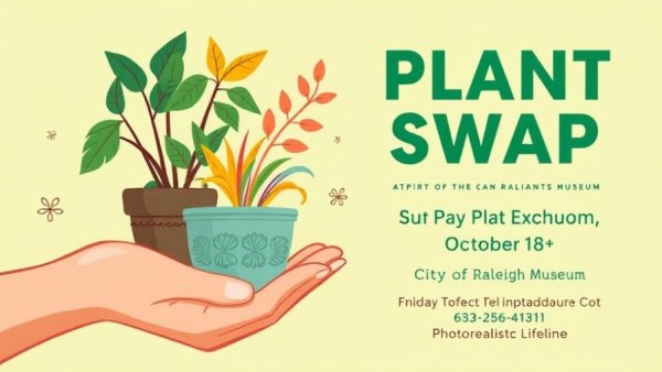 Plant Swap event flyer at Raleigh Museum with potted plants and details.