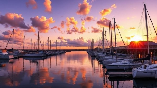 Vibrant sunset at Morehead City marina reflecting on water