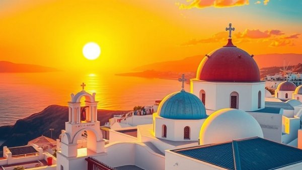 Durham Greek Festival colorful poster with church domes and sunset.