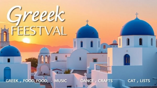 Durham Greek Festival poster featuring Greek architecture and event details.