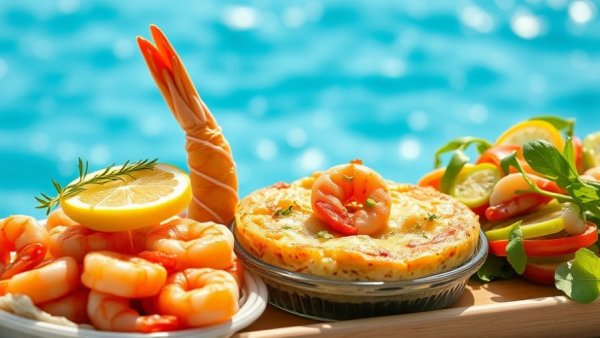 Delicious beach-ready recipes featuring quiche, shrimp salad, and bean salad.