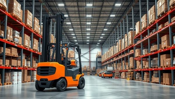 Efficient forklift operation in modern warehouse for energy efficiency in material handling.