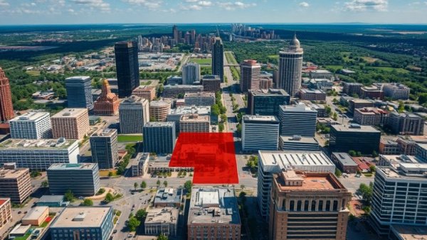 Aerial view of Greenville SC downtown expansion highlighted in red.