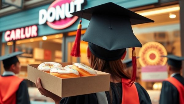 Free doughnuts for graduates offer with graduation cap and doughnuts.