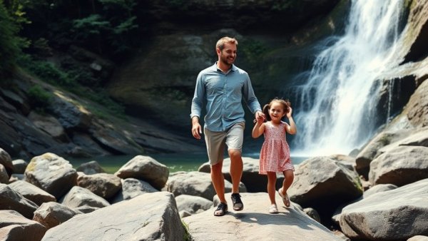 Family-friendly mountain escape: father and daughter by a waterfall.