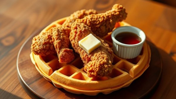 Fried chicken and waffle dish highlighting Outer Banks culinary tourism.