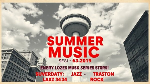 Local events poster for summer music series with water tower.