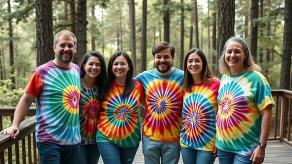 Local events: group in tie-dye shirts at a forest gathering