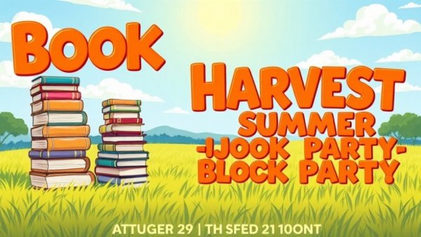 Book Harvest Summer Block Party poster with books and crates.