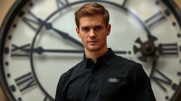 Young man discussing families moving to Easley indoors with clock background.