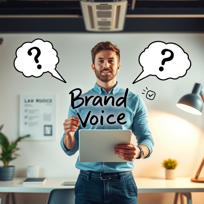 Modern workspace with a man holding a 'Brand Voice' tablet, surrounded by communication symbols.