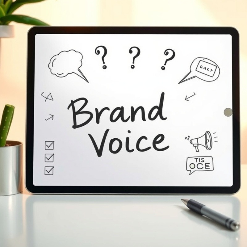 Modern workspace highlighting brand voice with notepad, thought bubbles, and messaging icons.