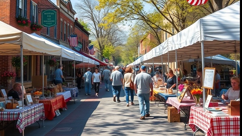 Photorealistic small-town craft fair in upstate New York, showcasing crafts and local art.