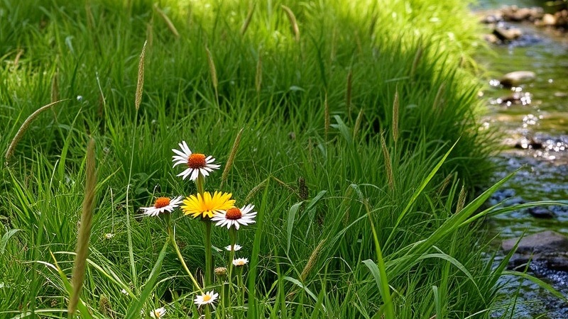 Realistic field with wildflowers, hidden bird rustling, and a shaded creek.