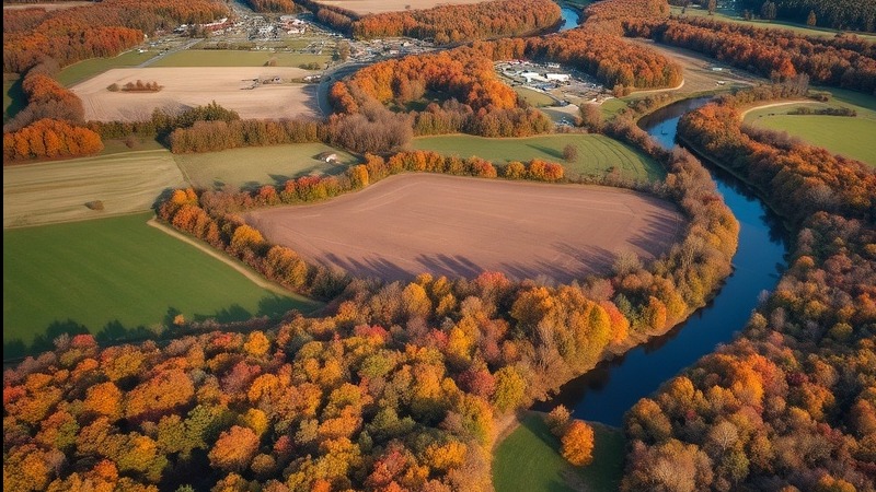 Aerial view of rural upstate NY in autumn with town and river.