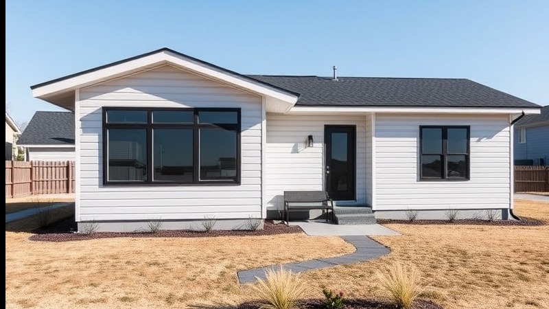 Stylish ranch-style modular home with modern design and landscaped yard.