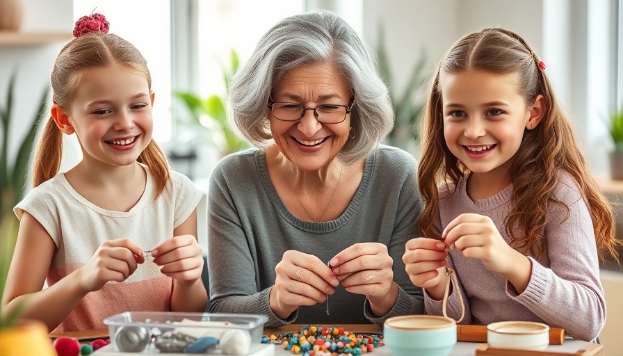 Family crafting jewelry together, bright room, jewelry to make and sell.