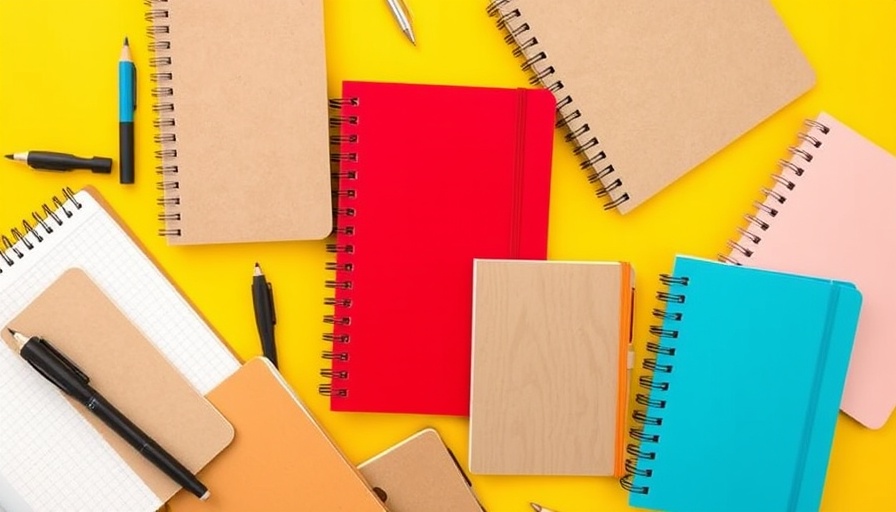 Assorted notebooks on a yellow background for content marketing strategy.