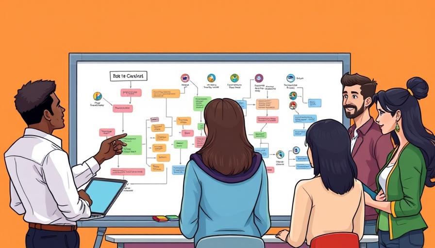 Cartoon scene of a group using process mapping tools.