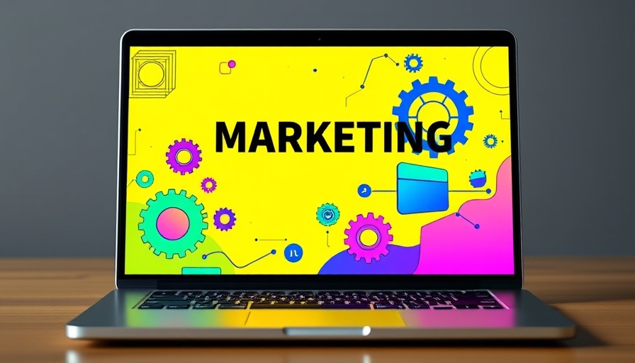 Colorful digital marketing templates on laptop, vibrant background.