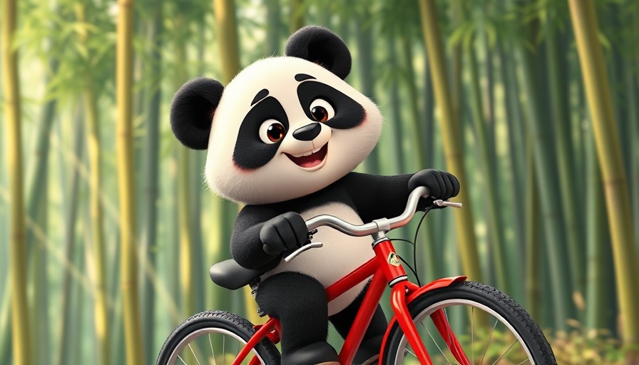3D cartoon panda riding a bicycle in a bamboo forest, exploring Adobe Firefly alternatives for business owners.