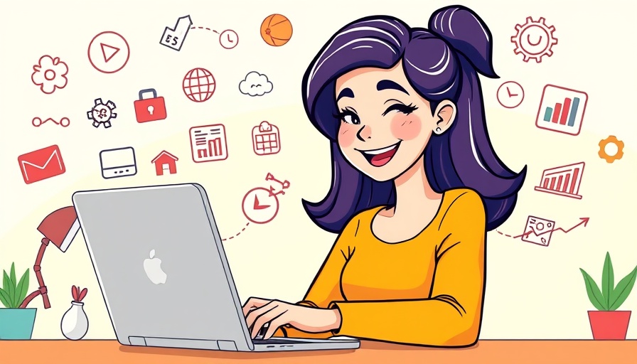 Cartoon woman using a laptop for SEO contract templates, colorful workspace.