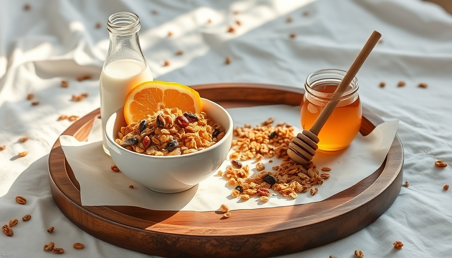 Granola breakfast setup on a wooden tray, essential for B&B tips.