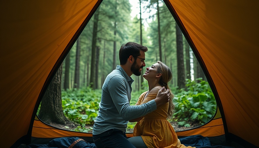 Couple enjoying a peaceful camping experience in a forest tent.