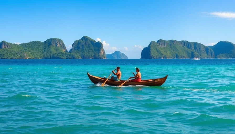 Indigenous-led canoe in ocean reserve, vibrant blue sea.