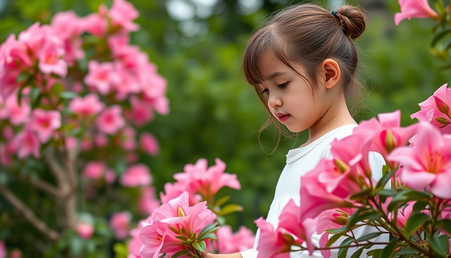 Young girl admiring spring blooms in a garden with pink azaleas.