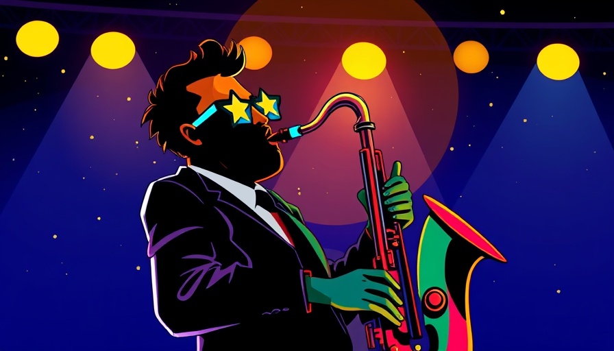 Colorful jazz scene in the Triangle with saxophone player and star sunglasses.